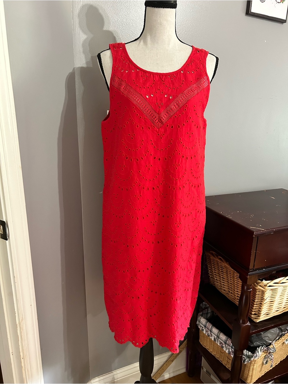 Gap Eyelet Lace Detail Swing Dress Cotton Medium Scalloped Hem Lined Red
